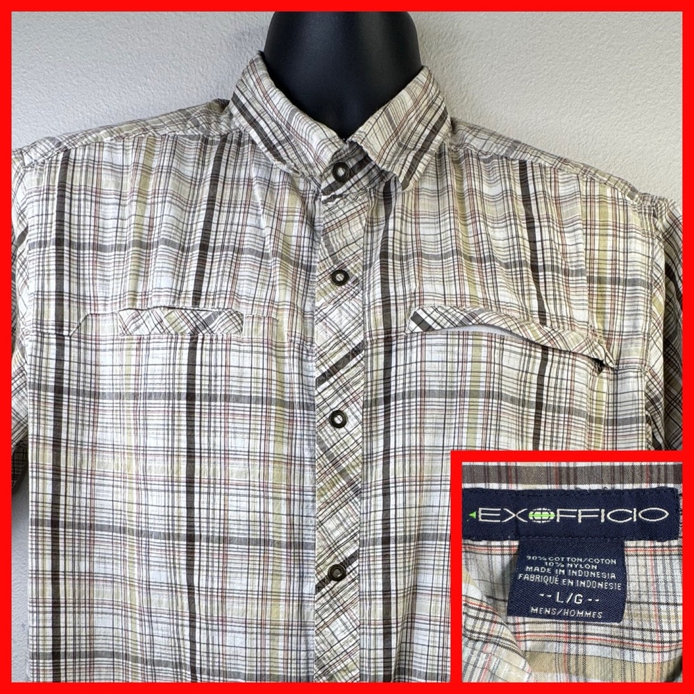 ExOfficio Plaid Button Down Shirt Mens Large Beige Brown Short Sleeve Travel